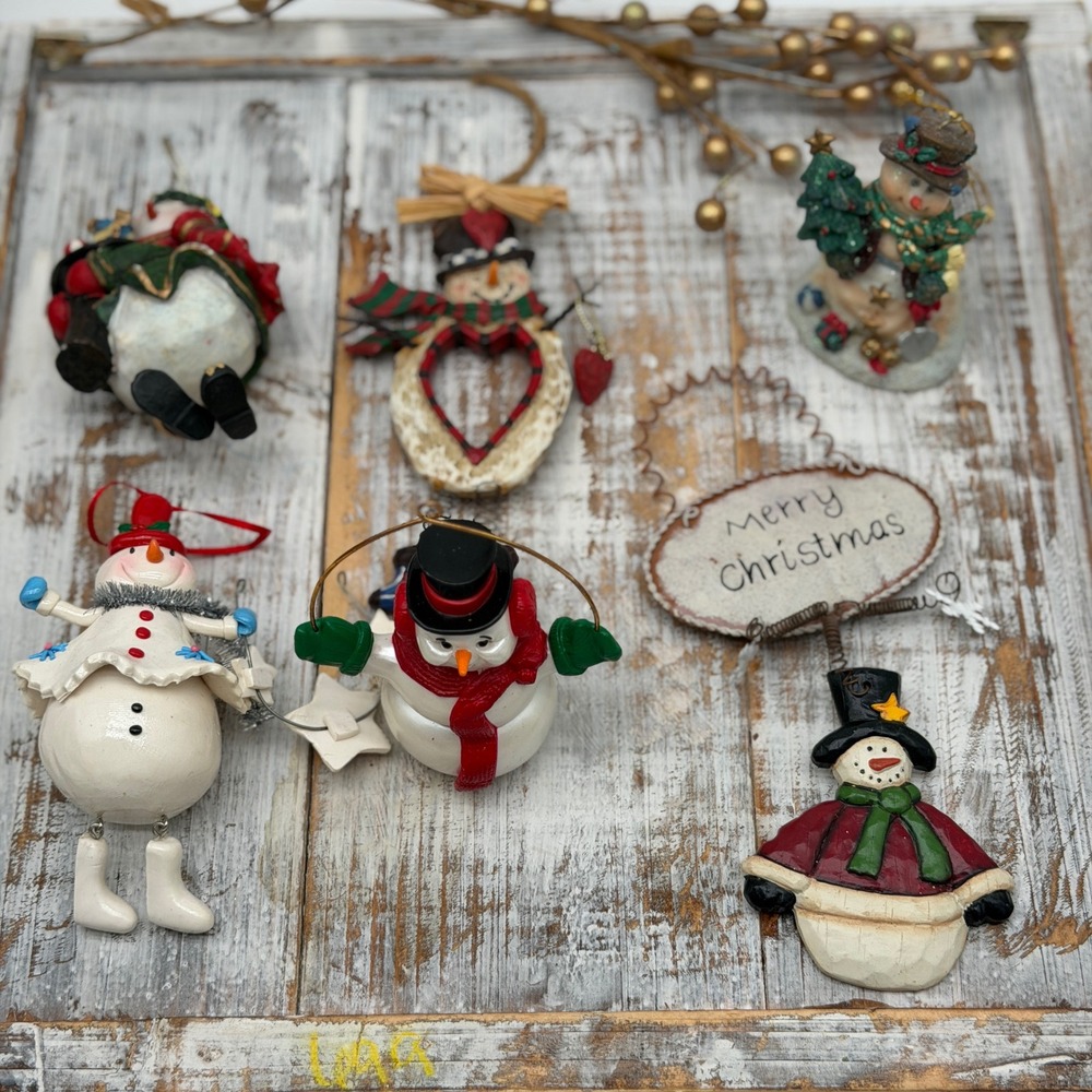Vintage Style Snowman Christmas Ornament Lot of 6 Rustic Resin Holiday Decor